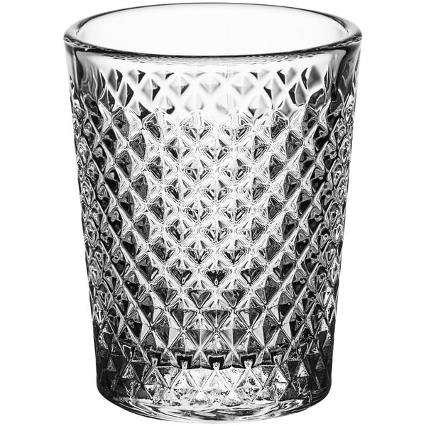 An Acopa Aurelius shot glass with a diamond pattern.
