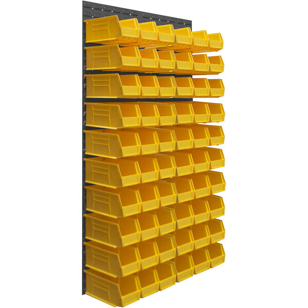 A Durham gray steel louvered panel rack with yellow bins on a wall.