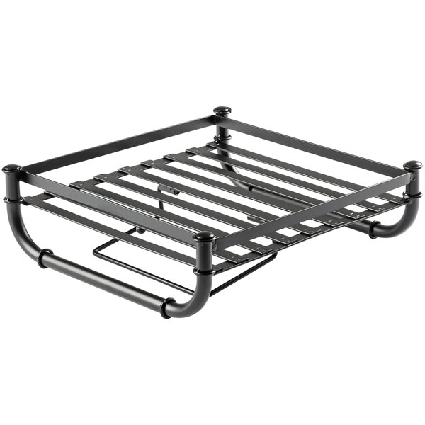 A black metal rack with metal rods.