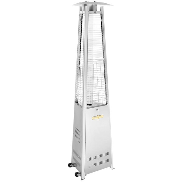 A stainless steel tower patio heater with a white cover.