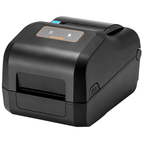 A black Bixolon label printer with orange trim.