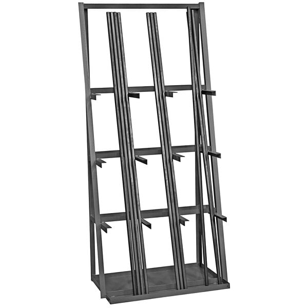 A Durham Manufacturing metal vertical storage rack with four shelves holding metal bars.