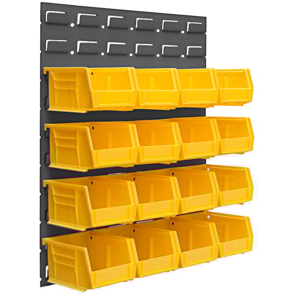 A Durham gray steel louvered panel with six yellow plastic bins hanging on it.