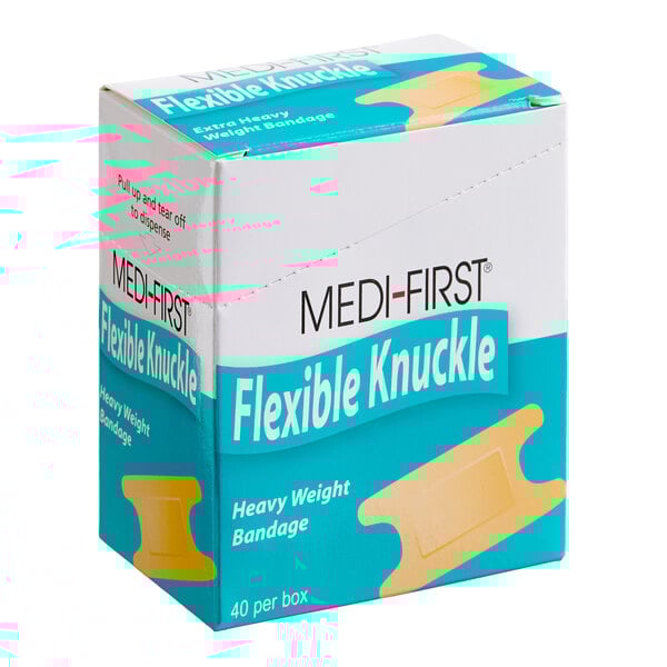 A box of Medi-First flexible knuckle heavy weight bandages containing 40 bandages.