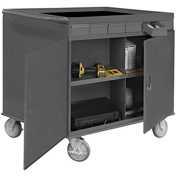 A gray Durham Mfg double-sided stock cart with drawers and bin openings on wheels.