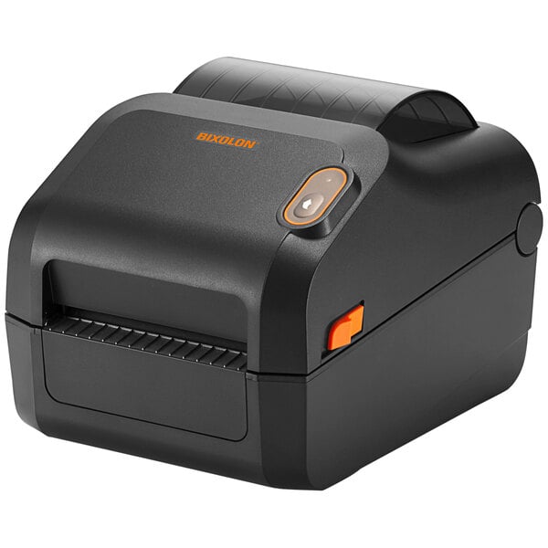 A black Bixolon label printer with orange buttons.