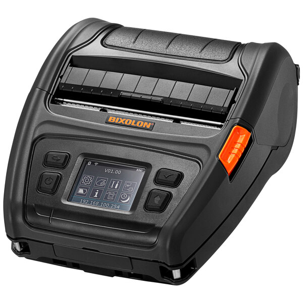 A black and orange Bixolon 4" mobile label printer with buttons and a screen.