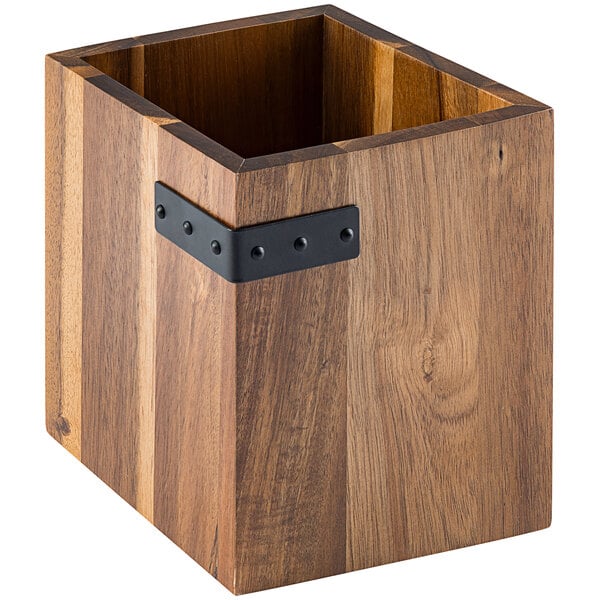 A Tablecraft acacia wood flatware holder with black metal banding and handles.