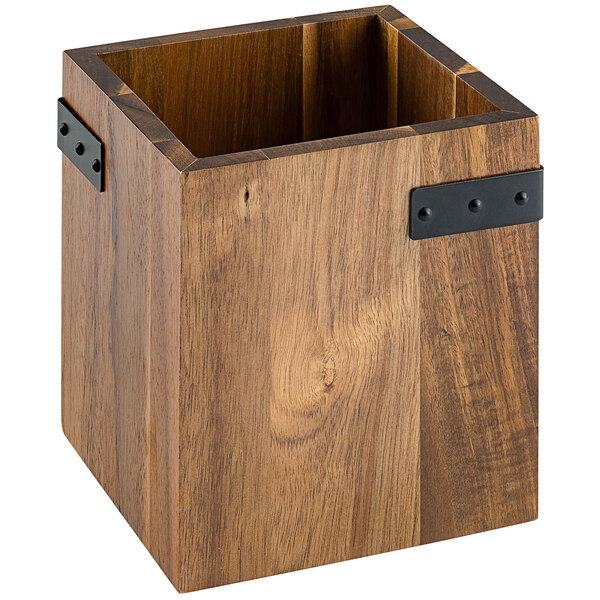 A Tablecraft acacia wood flatware holder with black metal banding.