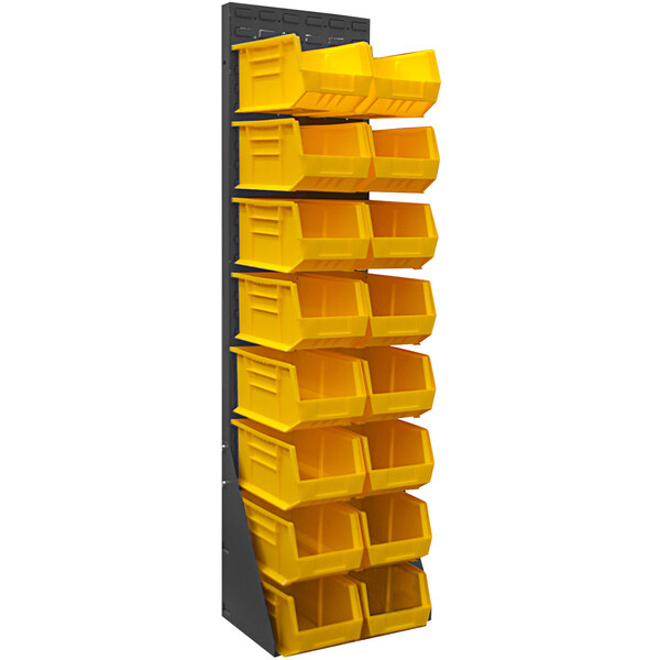 A gray steel louvered rack with yellow bins on a shelf.