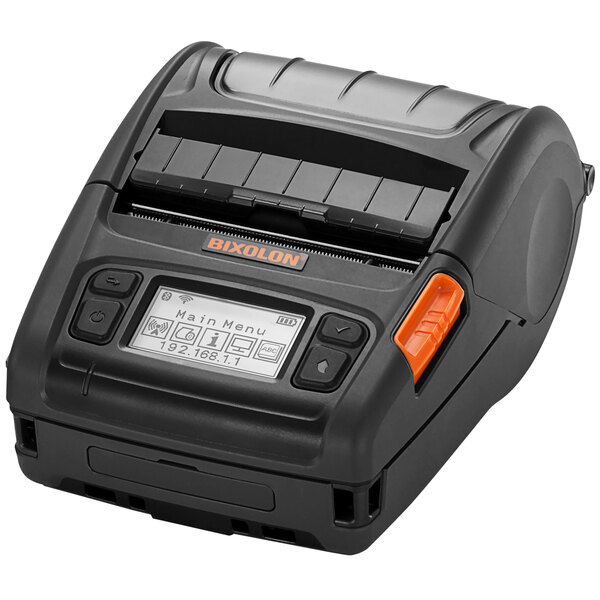 A black and orange Bixolon mobile label printer with a white label.