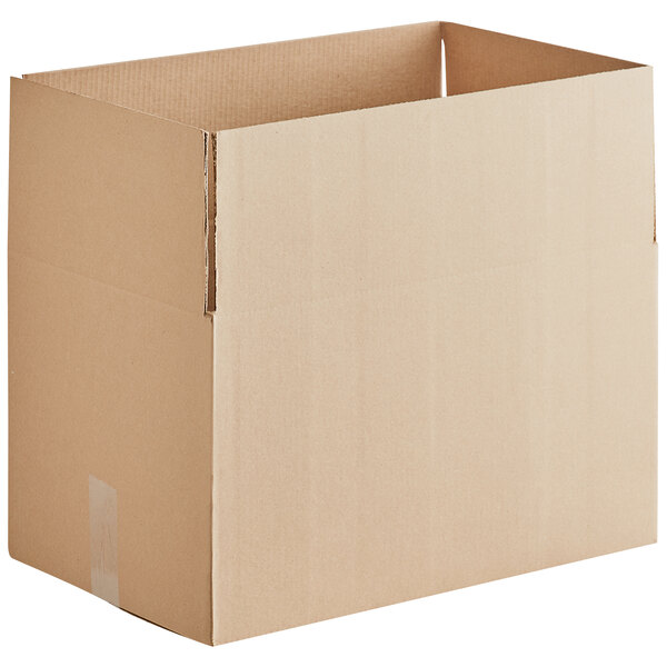 A close-up of a Lavex corrugated cardboard box with the lid open.