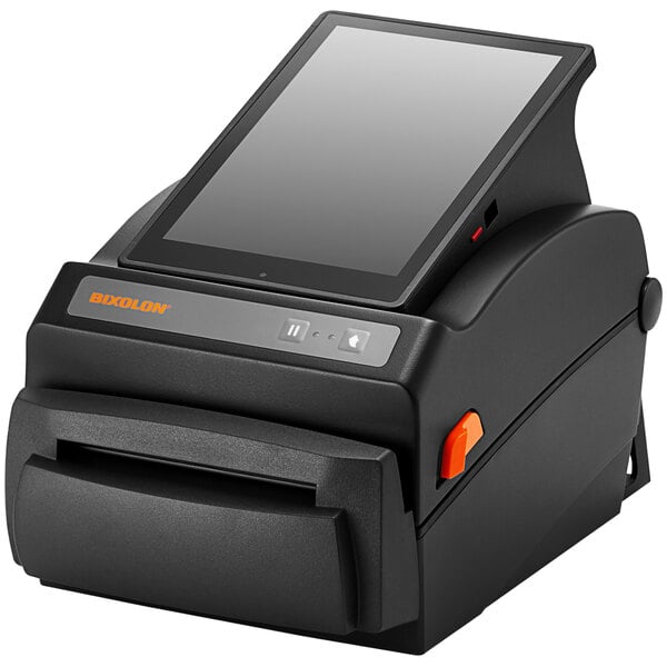 A black Bixolon direct thermal label printer with a screen.