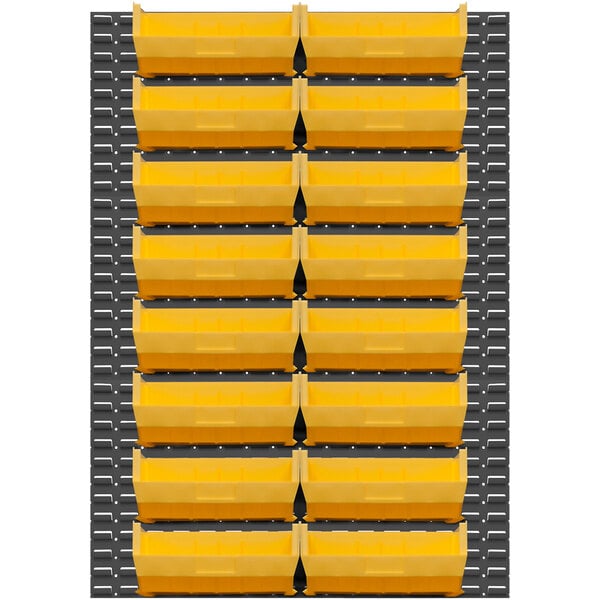 A Durham gray steel louvered panel with yellow bins.