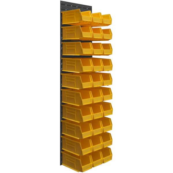 A Durham gray steel louvered panel with yellow bins.