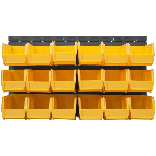 A yellow Durham steel louvered panel with yellow bins.