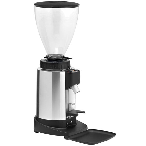 A close-up of a silver and black Ceado espresso grinder.