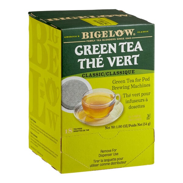 A box of Bigelow Green Tea pods for brewing machines, featuring an image of a tea cup and pod on the front.