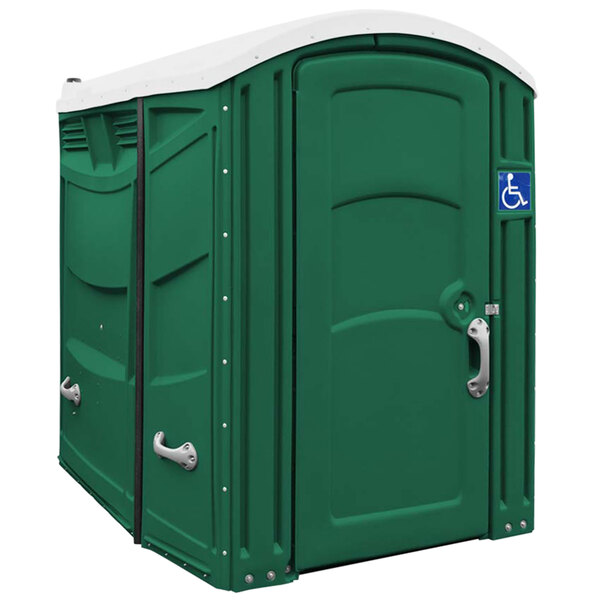 A Satellite Freedom forest green portable toilet with a white roof and handicap door.