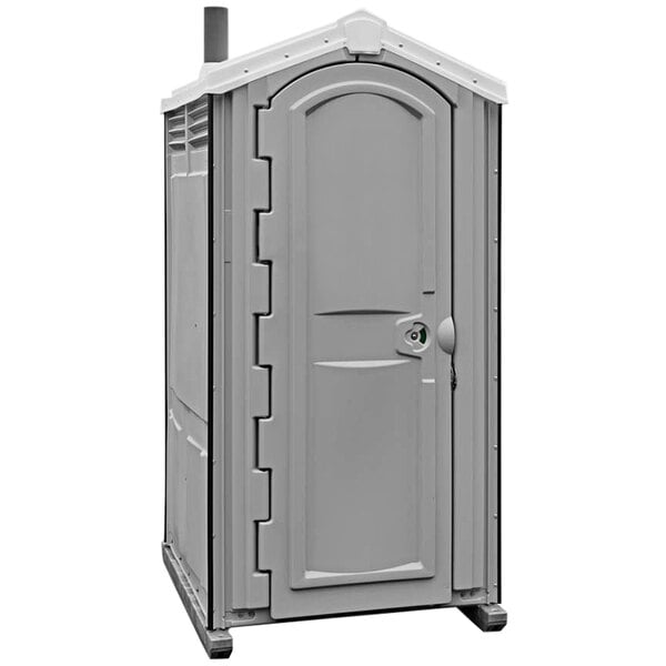 A grey Satellite Global II portable toilet with a door.