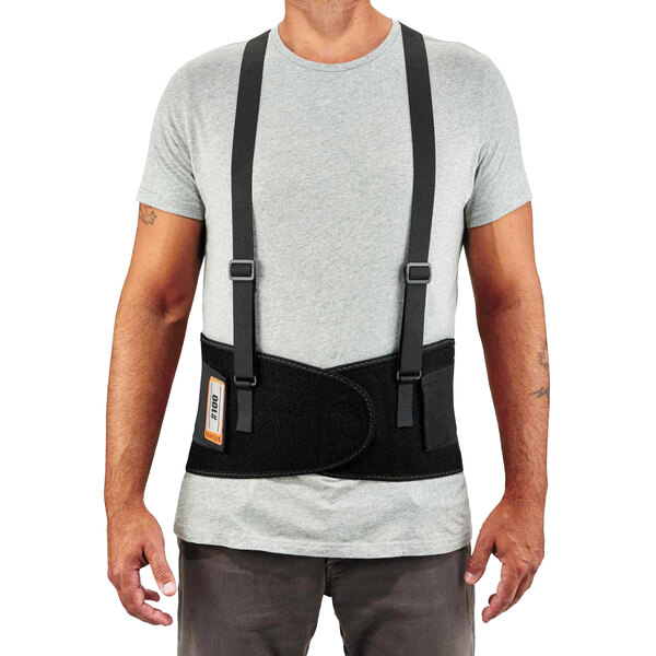 A man wearing an Ergodyne ProFlex 100 back support brace.