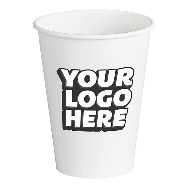 A white customizable paper cold cup with black text on it.