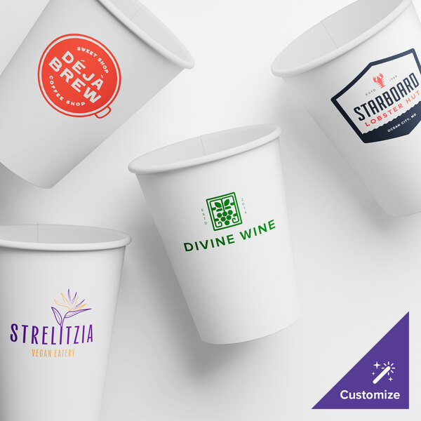 A group of white customizable paper cold cups with different logos.