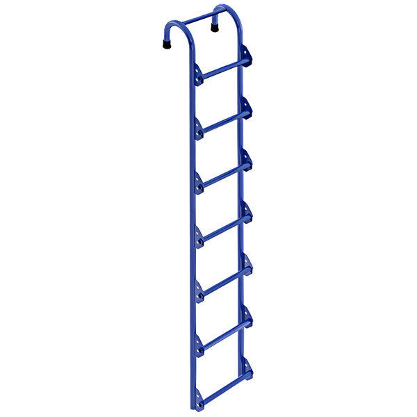 A blue Vestil steel ladder with four metal bars and black handles.