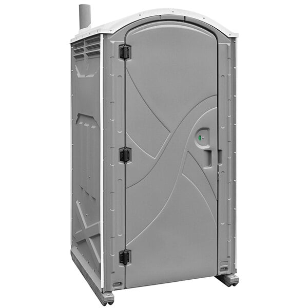 A grey Satellite Axxis portable restroom with a door on it.