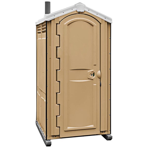 A tan Satellite Global portable restroom with a white roof.