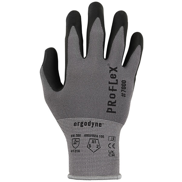 A close-up of a small Ergodyne ProFlex warehouse glove with grey and black trim.