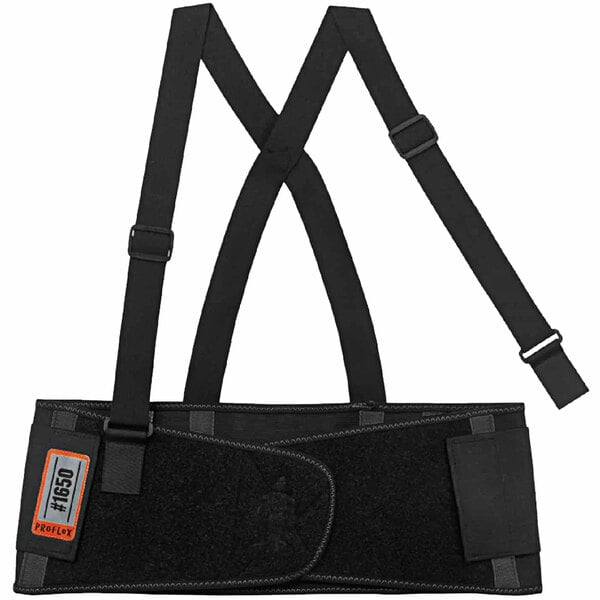 A black back support belt with black and orange straps.