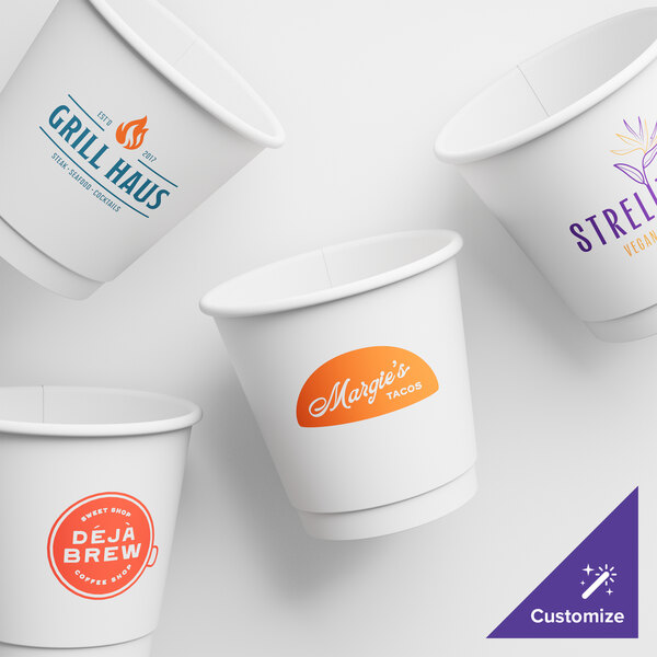 A customizable white paper hot cup with a blue logo.