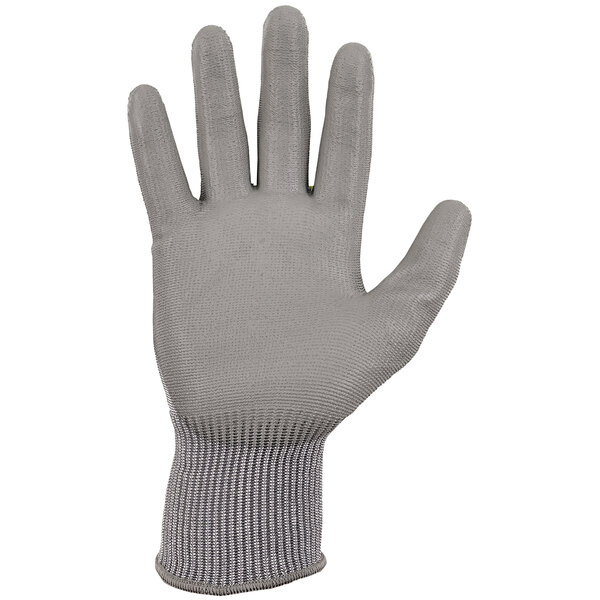 A close-up of a medium Ergodyne ProFlex cut resistant glove with a gray and white pattern.