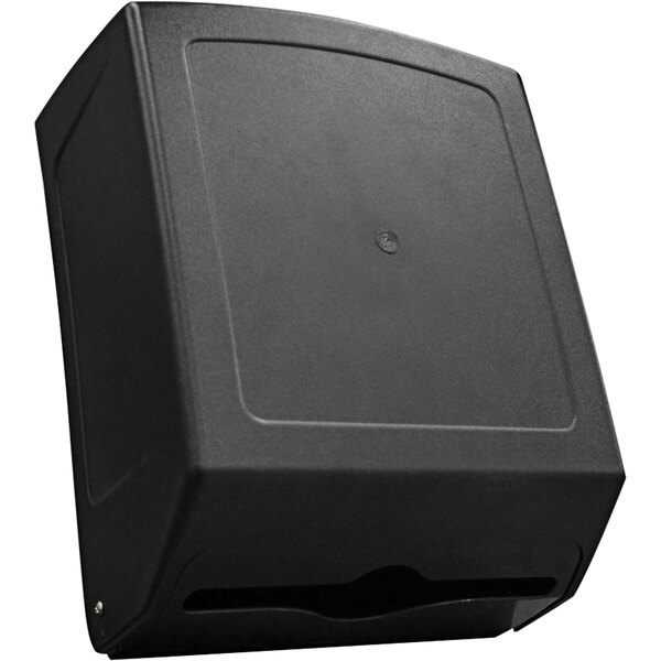 A black Satellite 8150-605 paper towel dispenser.