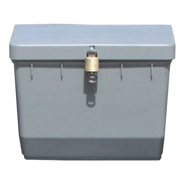 A gray plastic paper towel dispenser with a lock on the front.