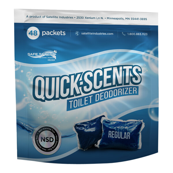 A package of Quick-Scents toilet deodorizer powder packets for portable restrooms.