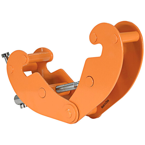 An orange Vestil horizontal lift style beam clamp with a metal screw.
