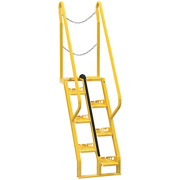 A yellow ladder with a black handle and chains on it.