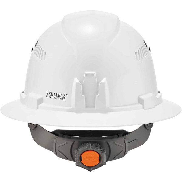 A white Ergodyne full brim hard hat with a 4-point ratchet suspension.