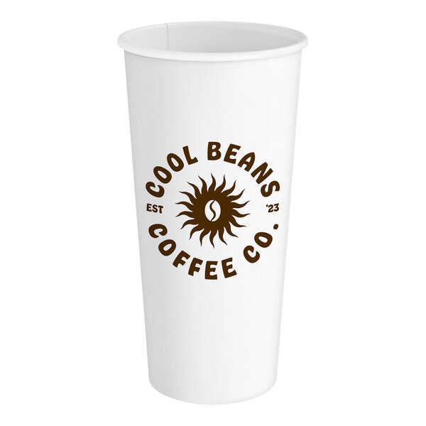A white customizable paper hot cup with brown text that reads "Cool Beans Coffee Co."