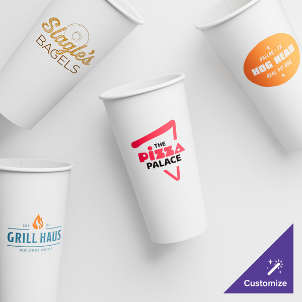 A group of customizable white paper hot cups with different designs including logos and red and orange text.