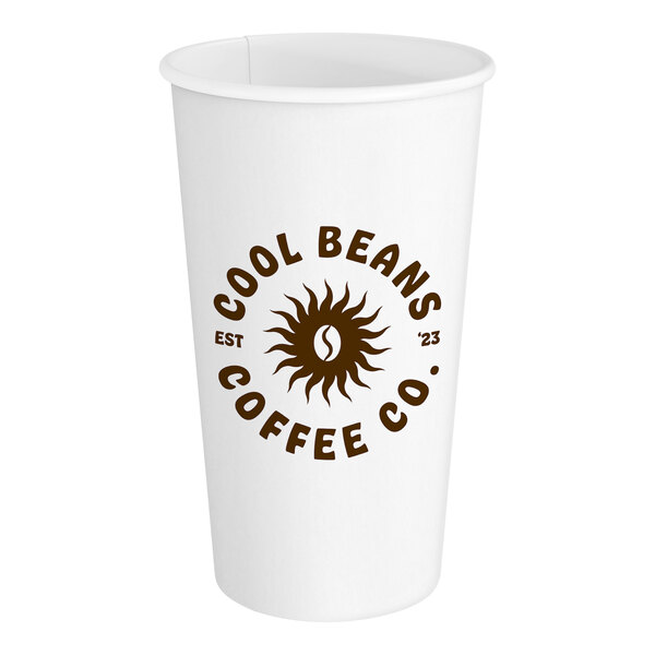 A white customizable paper hot cup with brown text that says "Cool Beans Coffee"