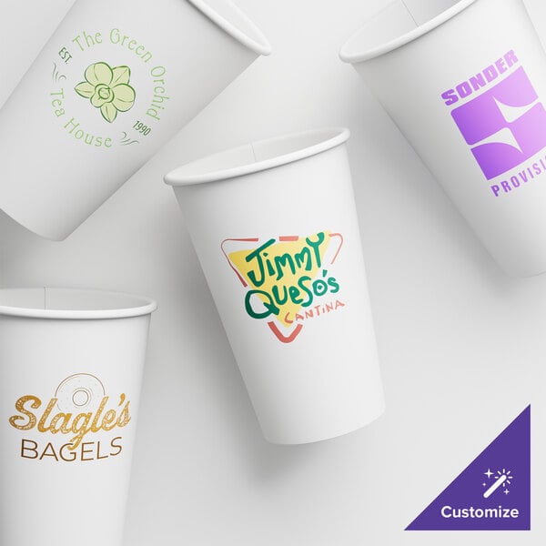 A group of white customizable paper hot cups with logos and names.