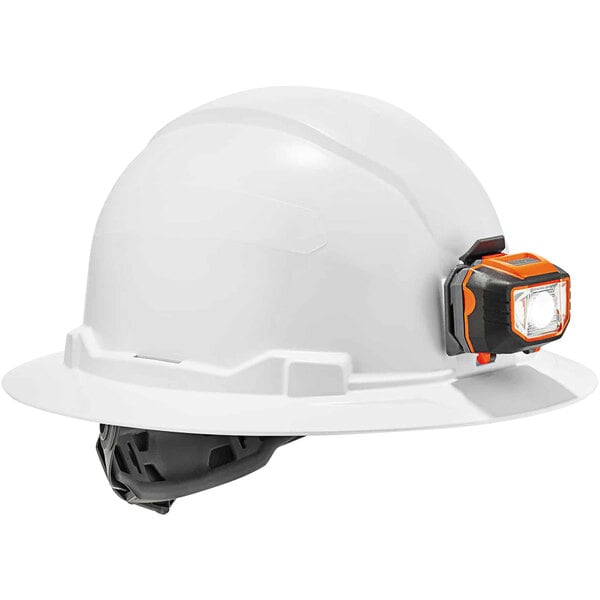 A white Ergodyne hard hat with a LED light on it.