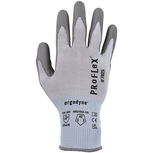 A close-up of a white and grey Ergodyne ProFlex glove with Polyurethane palm coating.