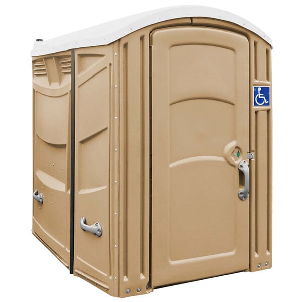 A tan Satellite portable restroom door with a handicap sign.