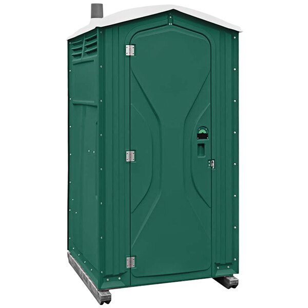 A Satellite Tufway forest green portable restroom on wheels.
