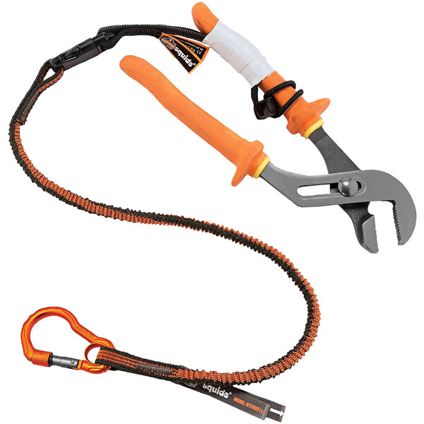 An Ergodyne Squids tool tethering kit with a pair of pliers with orange handles attached.