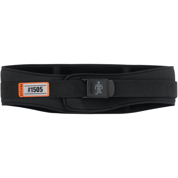 A black Ergodyne ProFlex back support belt with orange straps and a tag.